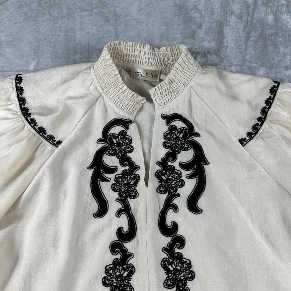 Style U Peasant Blouse Women XL Cream Embroidered Boho Puff Sleeve WC4360 - Picture 3 of 7
